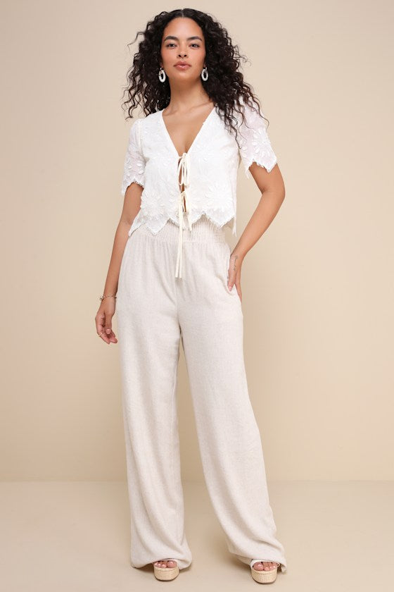 Hit the Breeze Beige Smocked Wide-Leg Pants