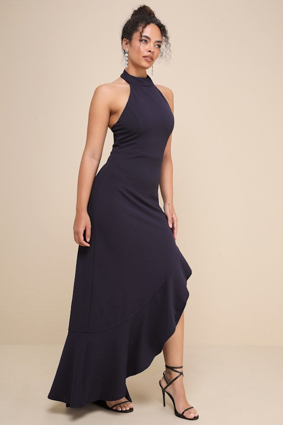 Majestic Perfection Navy Blue Ruffled Halter Maxi Dress