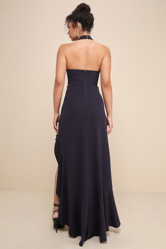 Majestic Perfection Navy Blue Ruffled Halter Maxi Dress