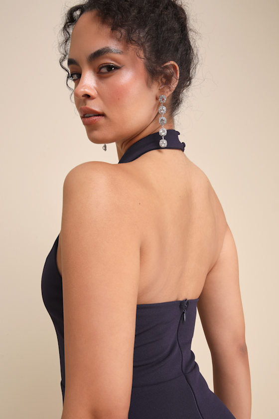 Majestic Perfection Navy Blue Ruffled Halter Maxi Dress