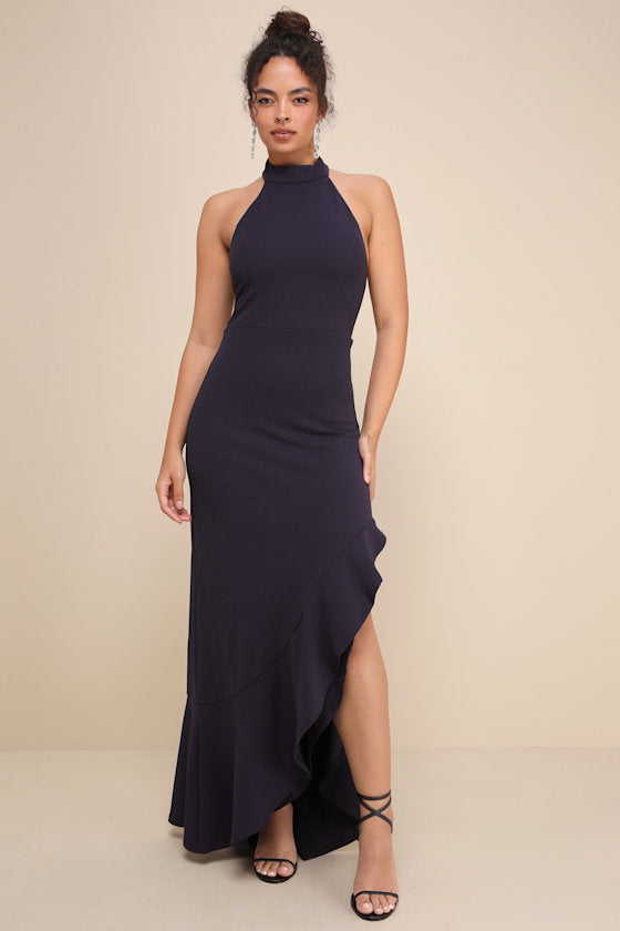 Majestic Perfection Navy Blue Ruffled Halter Maxi Dress