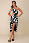 Vacay Beauty Black and White Scarf Print One-Shoulder Midi Dress