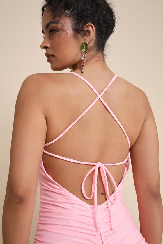 Confident Allure Light Pink Ruched Lace-Up Bodycon Mini Dress
