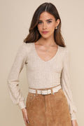 Cozy Affection Beige Pointelle Knit Balloon Sleeve Top