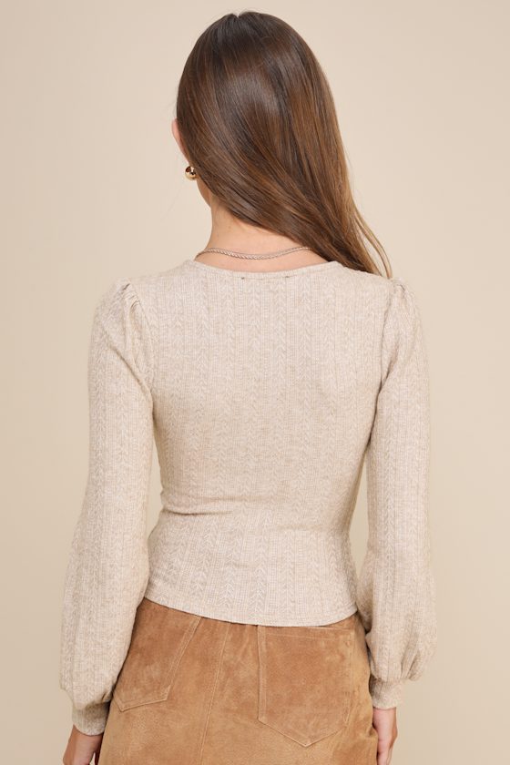 Cozy Affection Beige Pointelle Knit Balloon Sleeve Top
