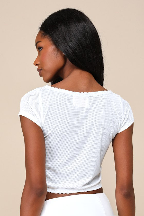 Play Me Five White Athletic Mesh Lace Cropped Cap Sleeve Top