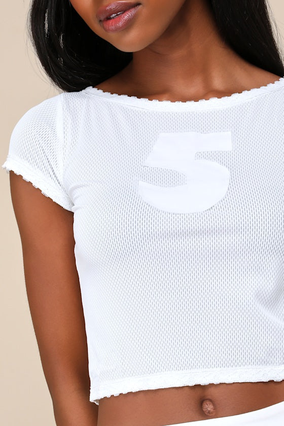 Play Me Five White Athletic Mesh Lace Cropped Cap Sleeve Top