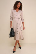 Charming Comfort Beige Collared Button-Up Sweater Dress