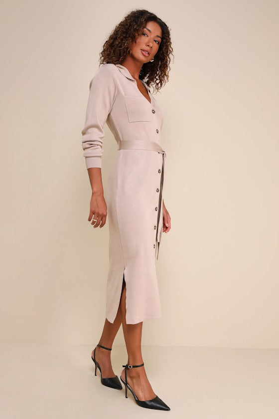 Charming Comfort Beige Collared Button-Up Sweater Dress