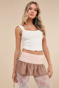 Bell Beige and Brown Studded Lace-Up Chiffon Micro Mini Skirt