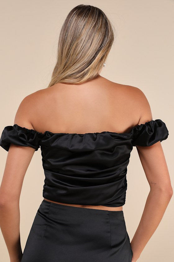 Black Rose Satin Rosette Off-the-Shoulder Puff Sleeve Top