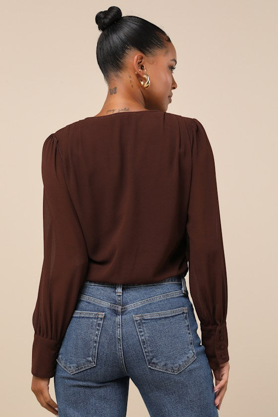 Sophisticated Aspect Brown Chiffon Surplice Long Sleeve Bodysuit