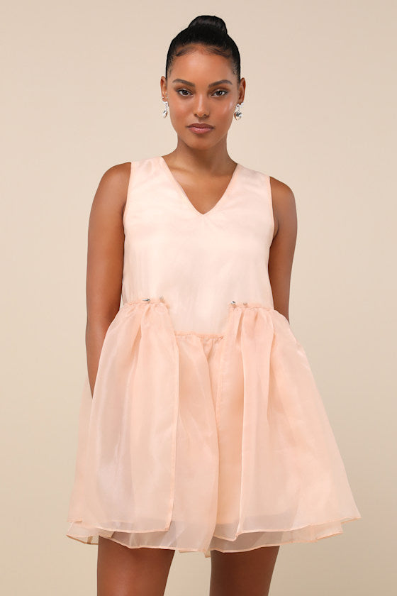 Bloom Blush Pink Organza Stud Tie-Back Ribbon Mini Dress