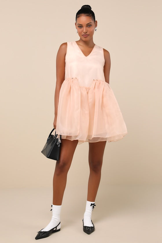 Bloom Blush Pink Organza Stud Tie-Back Ribbon Mini Dress