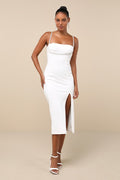 Upscale Flirt Ivory Rhinestone Sleeveless Bodycon Midi Dress