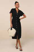 Italian Summer Black Linen Button-Up Short Sleeve Midi Dress