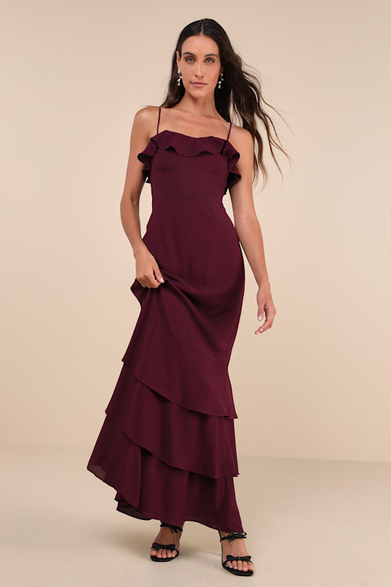Lively Evenings Plum Purple Sleeveless Tiered Maxi Dress