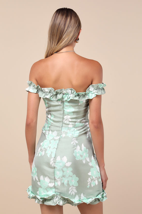 Pop the Bottle Sage Green Floral Jacquard Ruffled Mini Dress