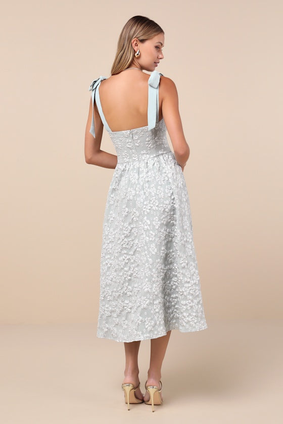 Bubbly Bliss Sage Green Jacquard Bustier Tie-Strap Midi Dress