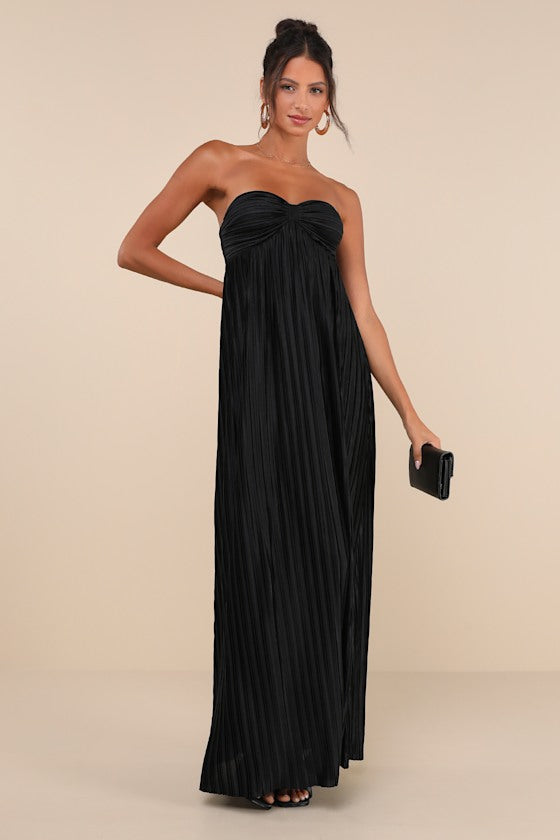 Whimsical Beauty Black Satin Plisse Strapless Maxi Dress