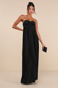 Whimsical Beauty Black Satin Plisse Strapless Maxi Dress