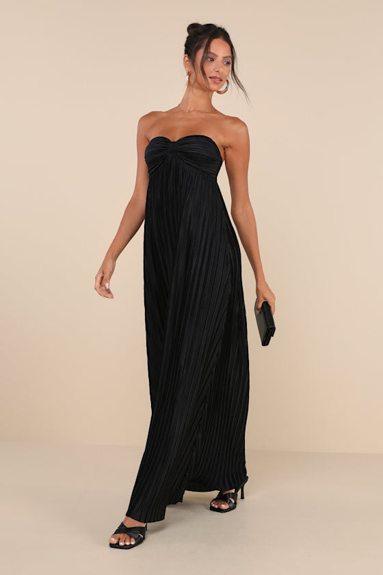 Whimsical Beauty Black Satin Plisse Strapless Maxi Dress