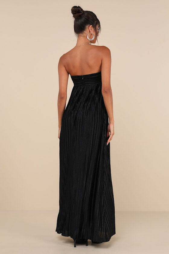 Whimsical Beauty Black Satin Plisse Strapless Maxi Dress