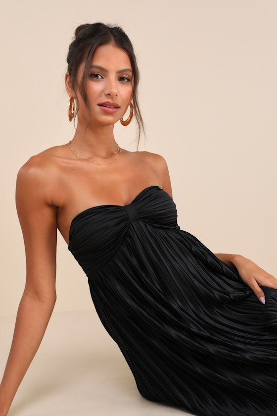 Whimsical Beauty Black Satin Plisse Strapless Maxi Dress