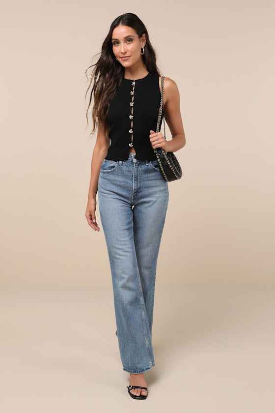 Conceptually Chic Black Ribbed Knit Button-Front Tank Top