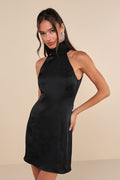 Infinite Admiration Black Satin Halter Mini Dress