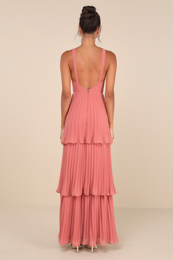 Luxe Perfection Rusty Rose Pleated Tiered Backless Maxi Dress