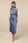 Distinctive Charm Slate Blue Satin Asymmetrical Midi Dress