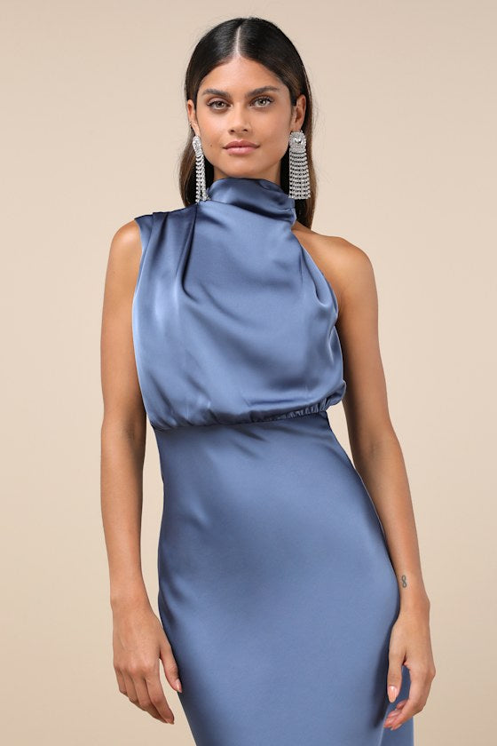 Distinctive Charm Slate Blue Satin Asymmetrical Midi Dress