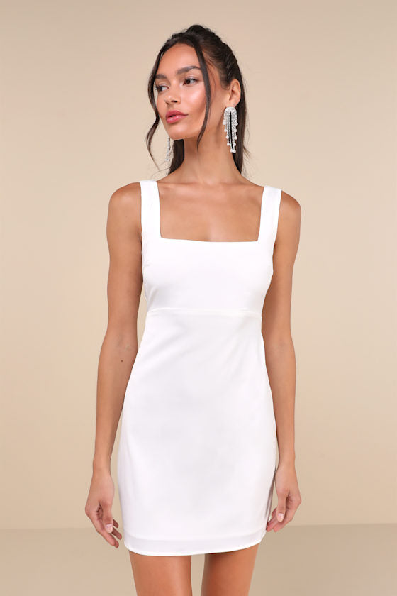 Truly the Cutest White Satin Square Neck Mini Dress