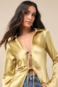 Coveted Aesthetic Gold Tie-Front Long Sleeve Collared Top