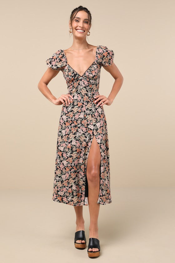Meadow Muse Black Floral Tie-Back Puff Sleeve Midi Dress