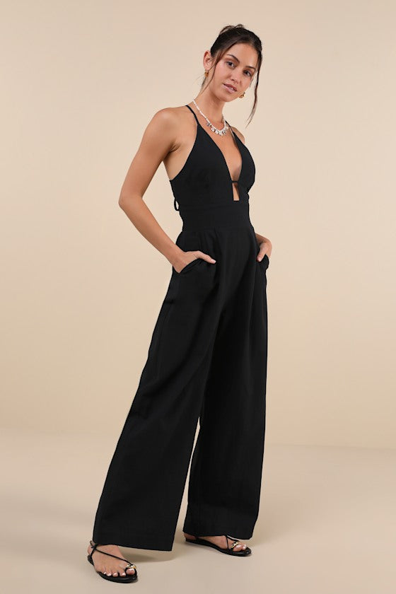 Covetable Vibe Black Linen Lace-Up Backless Wide-Leg Jumpsuit