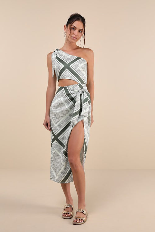 Vacay Beauty Olive Scarf Print One-Shoulder Tie-Strap Midi Dress