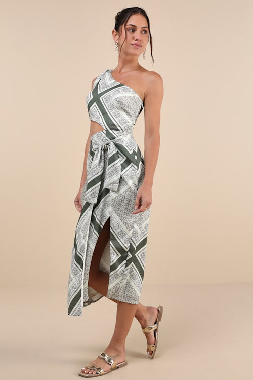 Vacay Beauty Olive Scarf Print One-Shoulder Tie-Strap Midi Dress