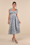 Bubbly Bliss Slate Blue Jacquard Bustier Tie-Strap Midi Dress