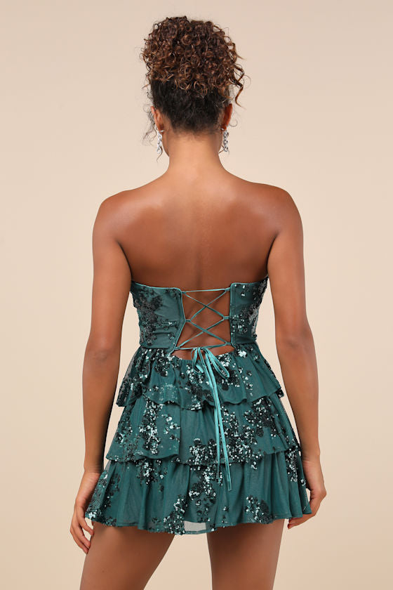 Definite Glamour Emerald Mesh Sequin Bustier Tiered Mini Dress