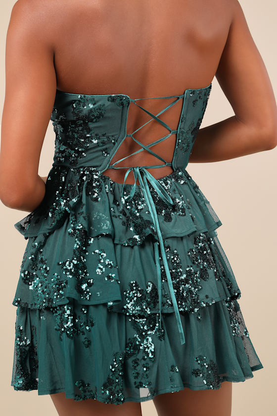 Definite Glamour Emerald Mesh Sequin Bustier Tiered Mini Dress