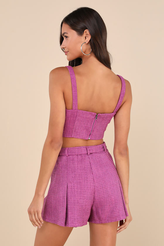 Bold Cutie Purple Tweed Buckle Strap Crop Tank Top