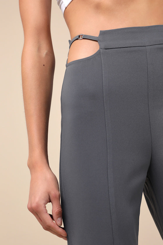 Polished Aura Dark Grey Cutout High-Rise Trousers