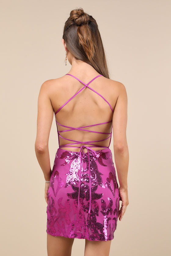 Sincerest Shine Magenta Purple Sequin Lace-Up Mini Dress