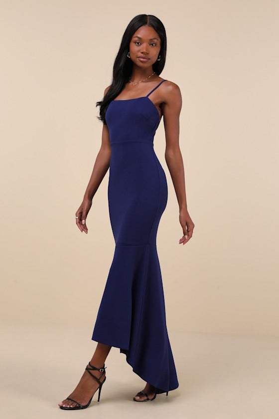 Stunning Enchantment Navy Backless Trumpet Hem Maxi Dress