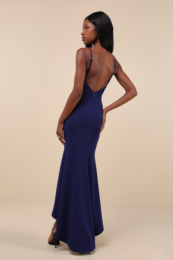 Stunning Enchantment Navy Backless Trumpet Hem Maxi Dress