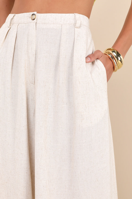 Sweet Instincts Beige Linen High-Waisted Wide-Leg Trouser Pants