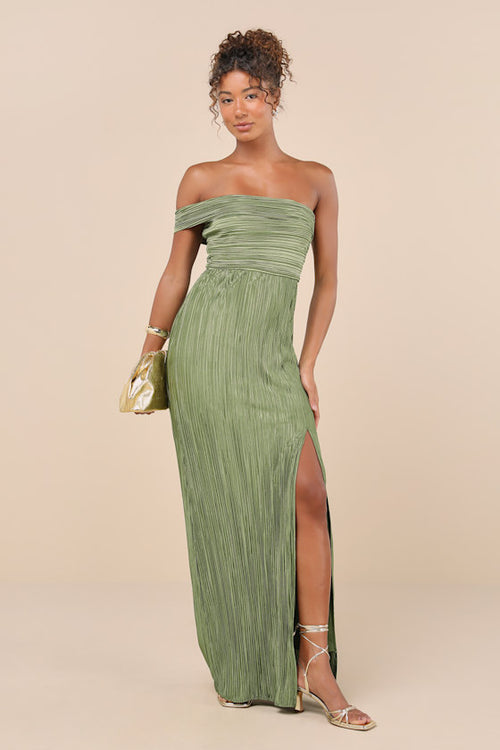 Poised Performance Olive Green Plisse One-Shoulder Maxi Dress