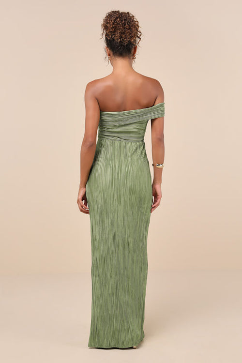 Poised Performance Olive Green Plisse One-Shoulder Maxi Dress